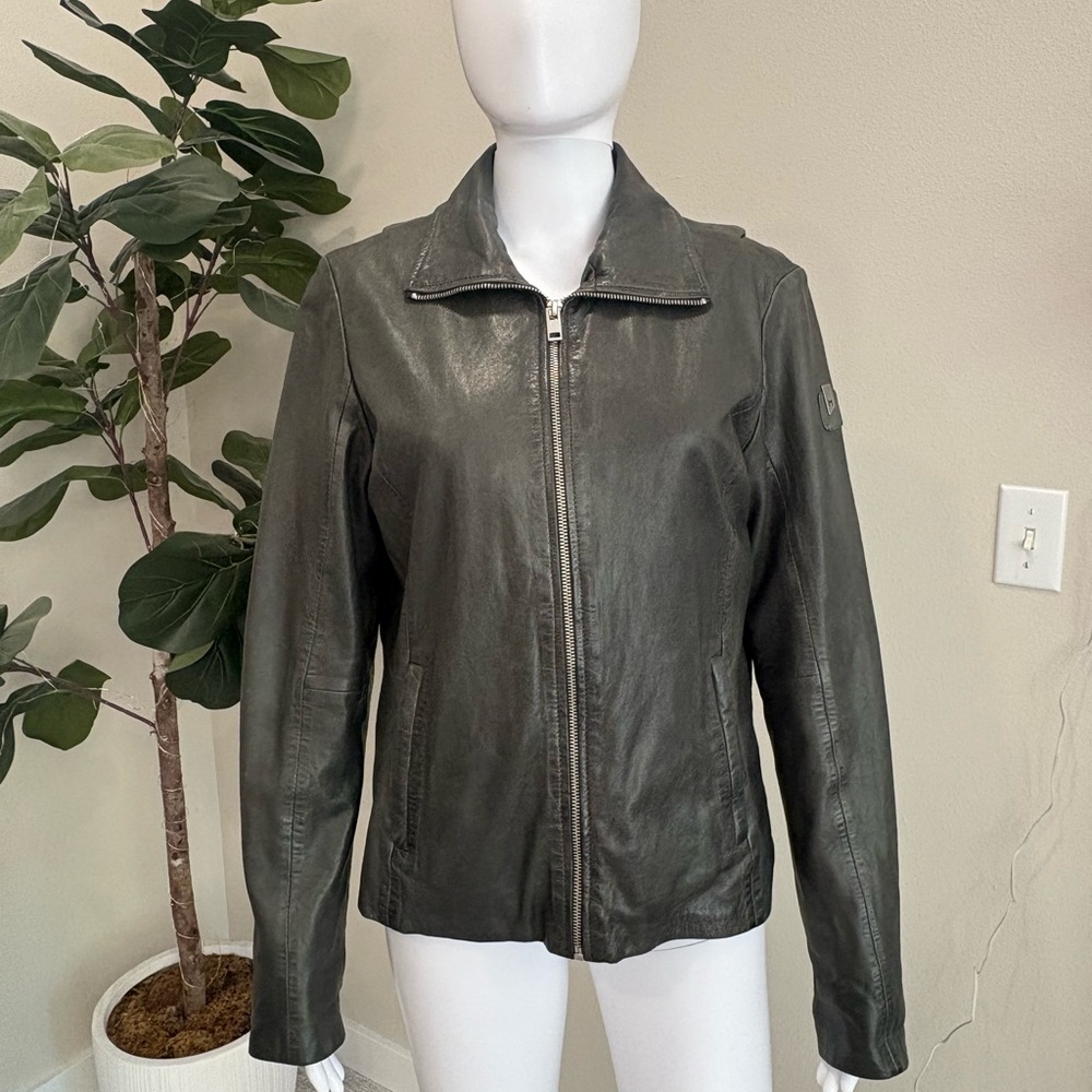 Mauritius Lambskin Leather Jacket Womens Size 12 Large Dark Grey Green Full Zip - Picture 15 of 15